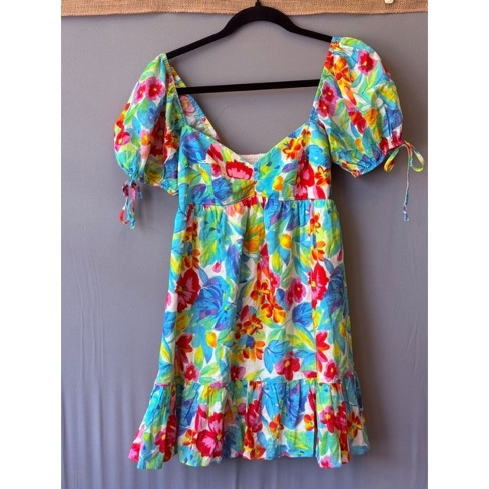 Amanda Uprichard Sicily Mini Dress M Floral Puff Sleeve Smocked Cotton